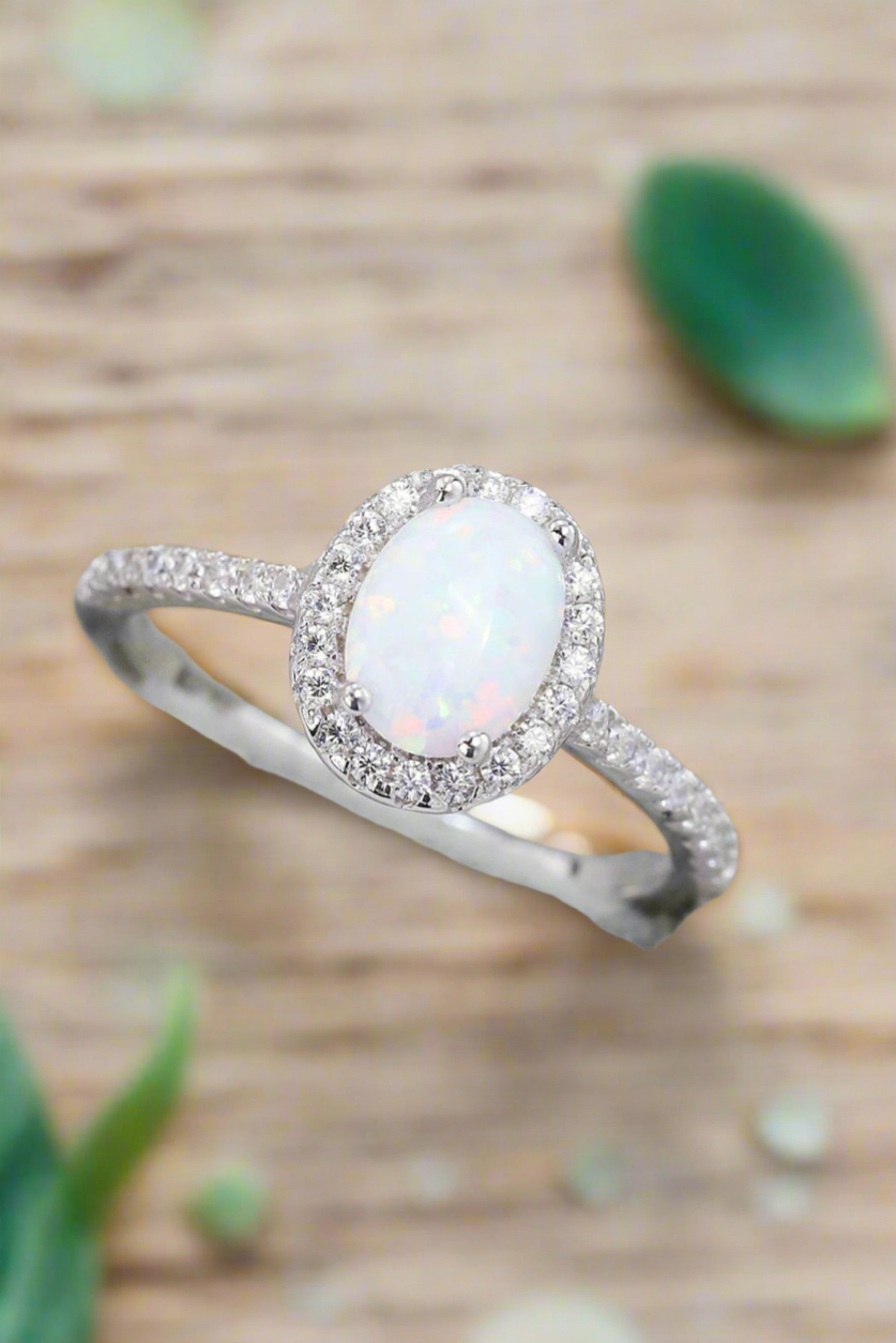 Celestial Glow - Sterling Silver Opal Halo Ring
