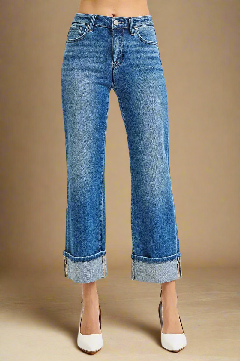 RISEN Full Size Mid Rise Crop Straight Cuffed Jeans Plus Size