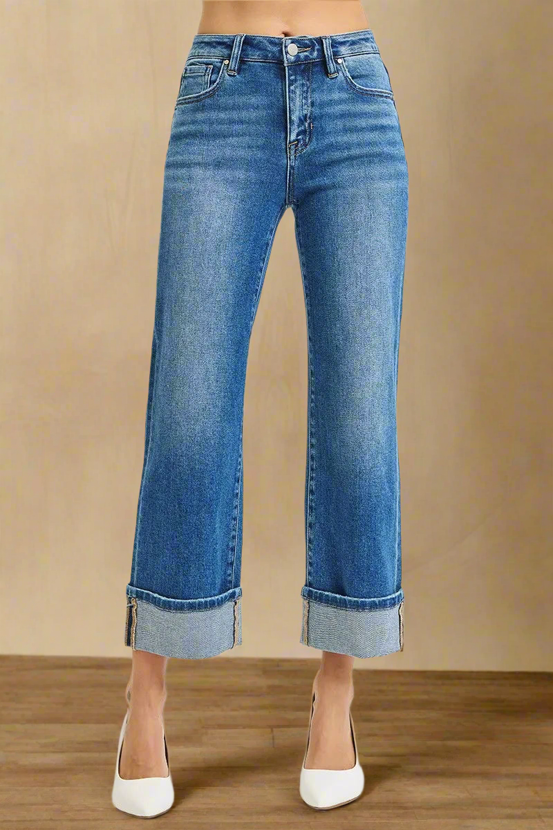 RISEN Full Size Mid Rise Crop Straight Cuffed Jeans Plus Size