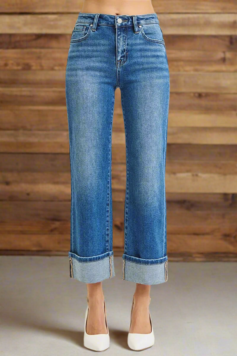 RISEN Full Size Mid Rise Crop Straight Cuffed Jeans Plus Size
