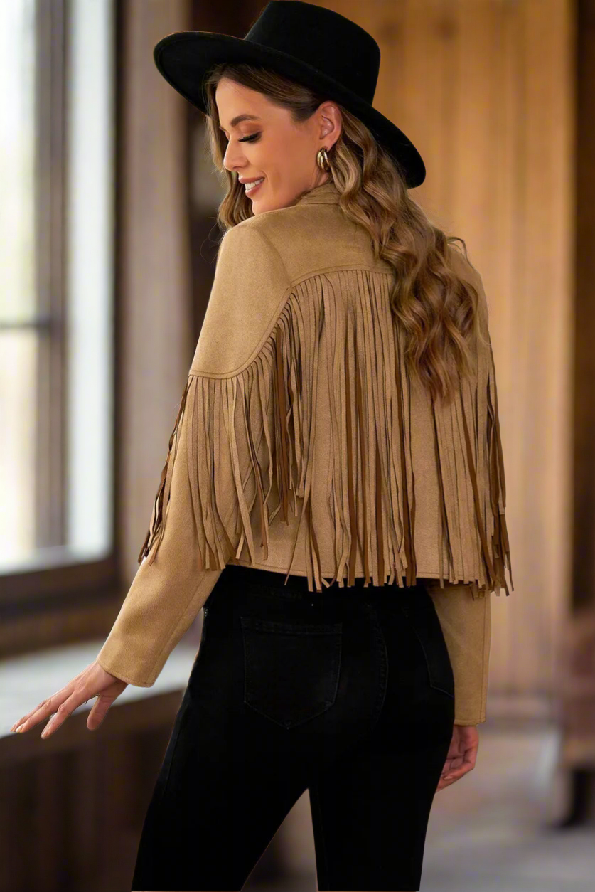 Fringe Trim Lapel Collar Cropped Blazer