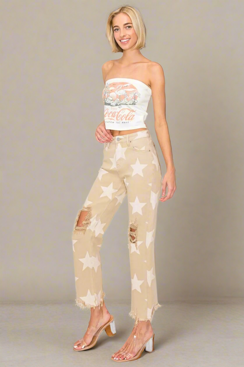 RISEN Full Size High Rise Star Printed Frayed Hem Jeans