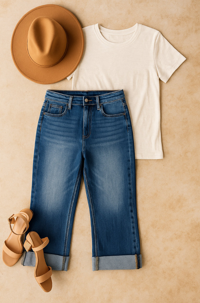 RISEN Full Size Mid Rise Crop Straight Cuffed Jeans Plus Size
