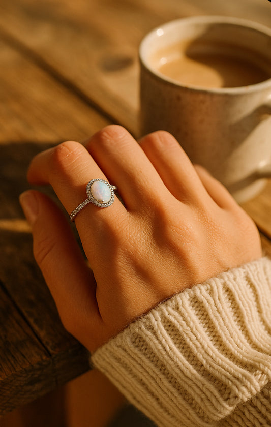 Celestial Glow - Sterling Silver Opal Halo Ring