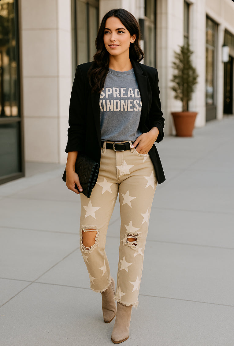 RISEN Full Size High Rise Star Printed Frayed Hem Jeans