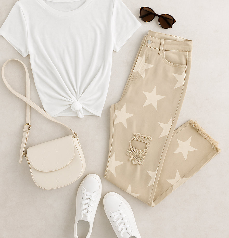RISEN Full Size High Rise Star Printed Frayed Hem Jeans
