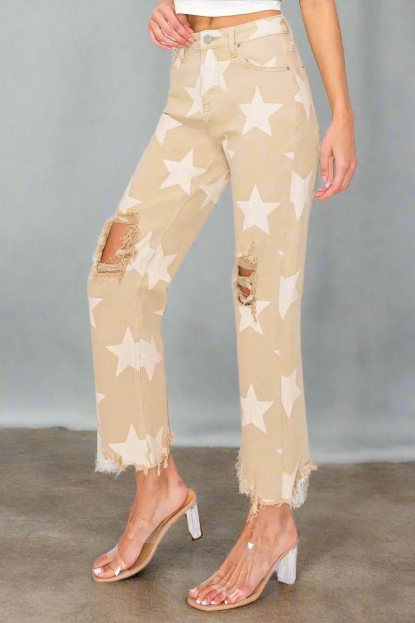 RISEN Full Size High Rise Star Printed Frayed Hem Jeans