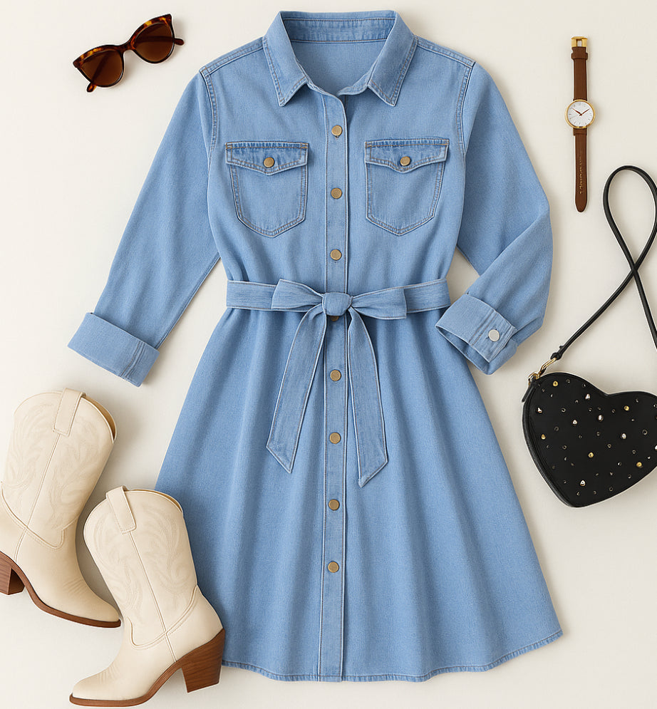 Full Size Tie Waist Button Front Denim Shirt Dress Plus Size