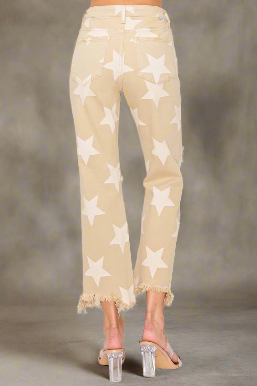 RISEN Full Size High Rise Star Printed Frayed Hem Jeans