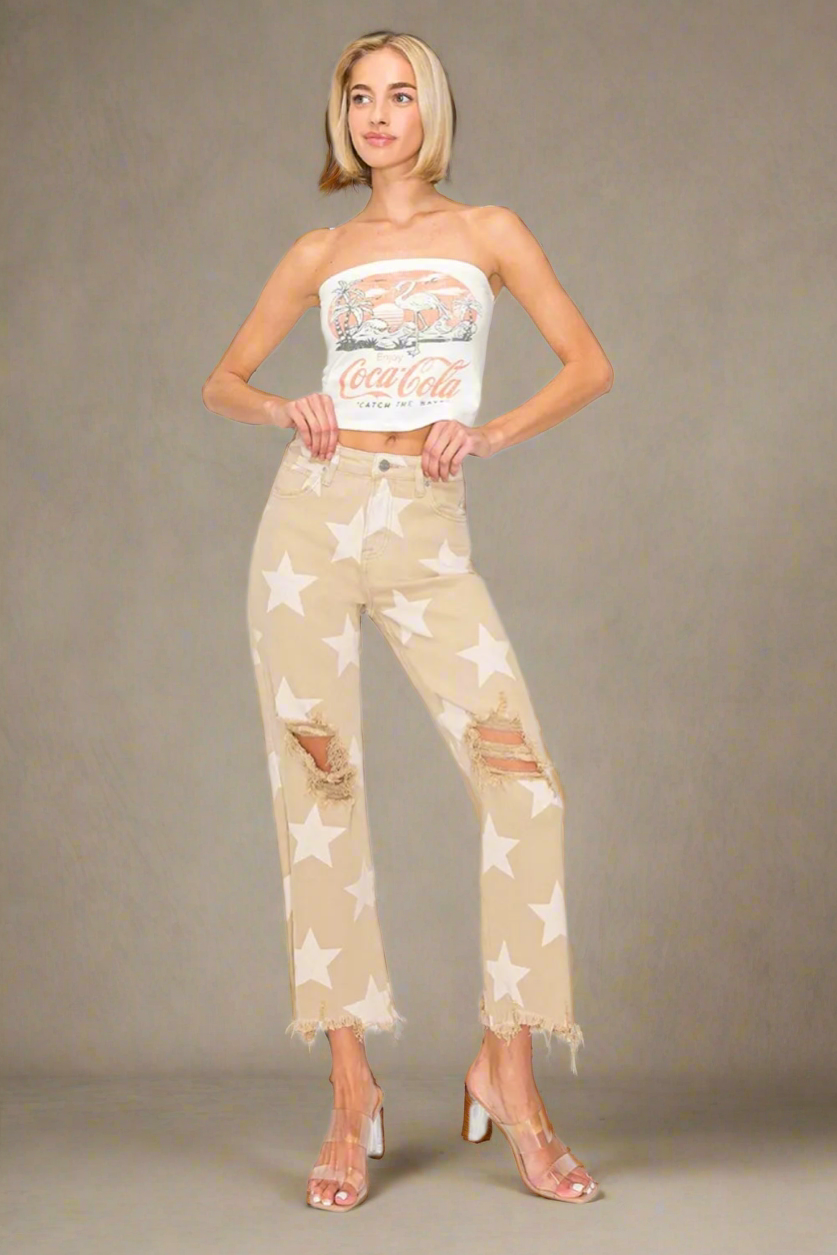 RISEN Full Size High Rise Star Printed Frayed Hem Jeans