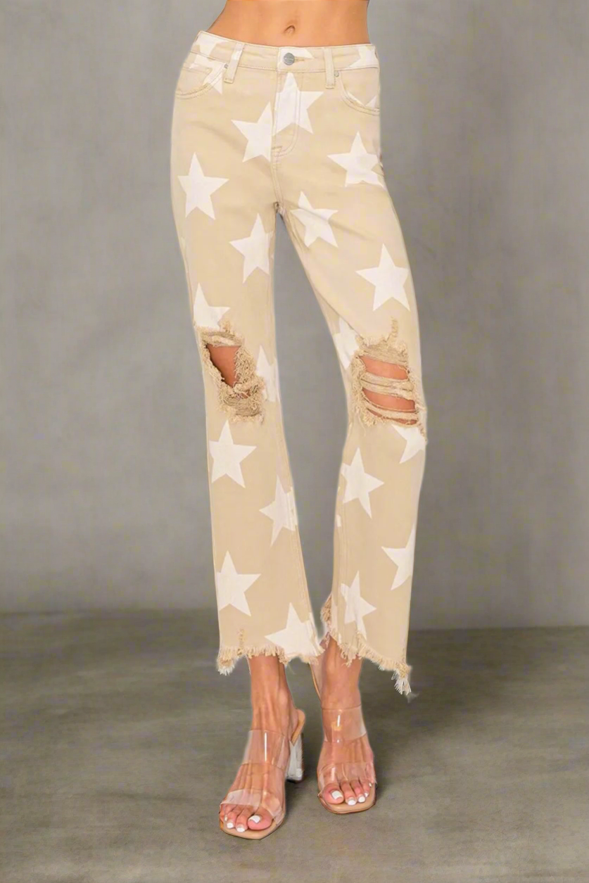 RISEN Full Size High Rise Star Printed Frayed Hem Jeans