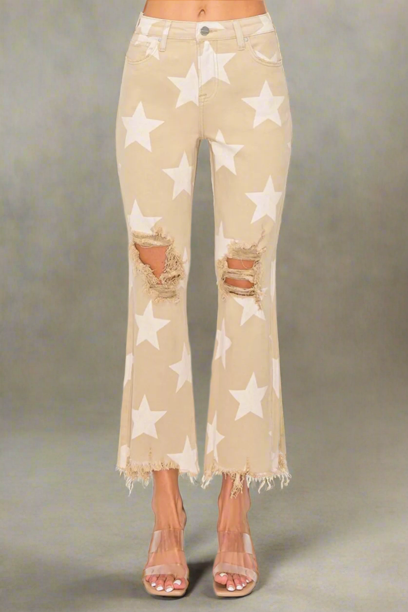 RISEN Full Size High Rise Star Printed Frayed Hem Jeans
