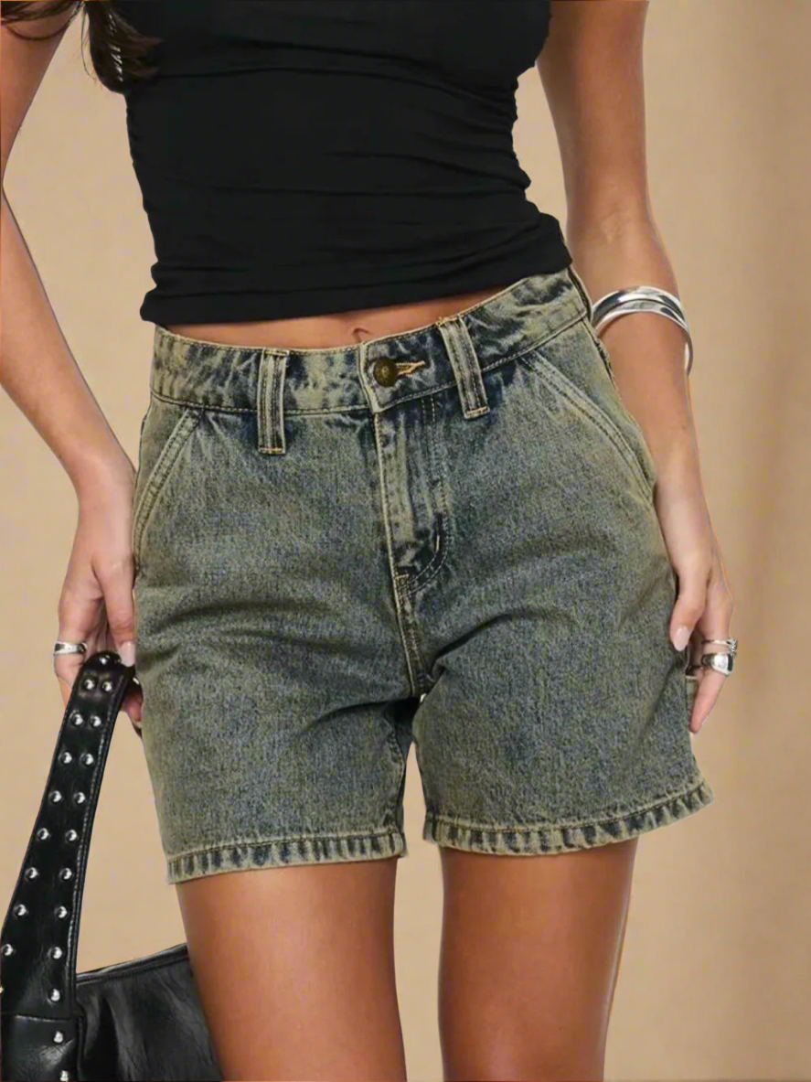 Washed High Rise Denim Shorts
