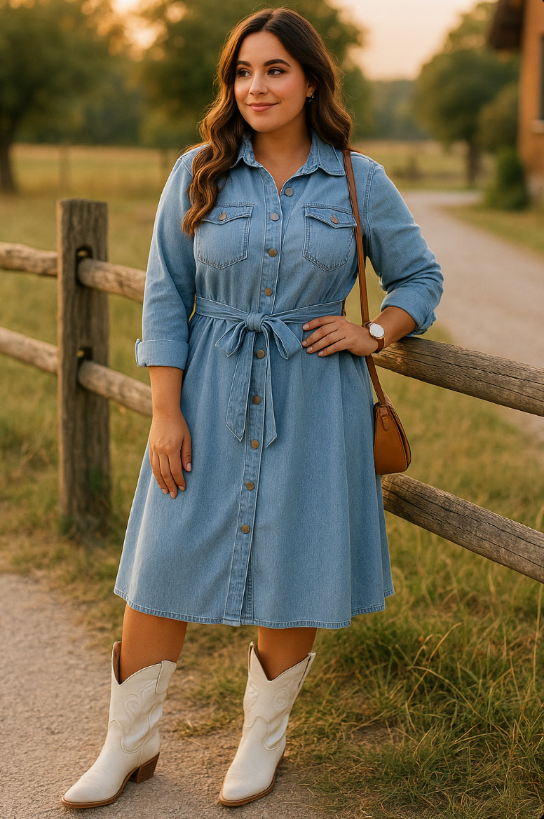 Full Size Tie Waist Button Front Denim Shirt Dress Plus Size