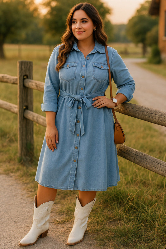 Full Size Tie Waist Button Front Denim Shirt Dress Plus Size